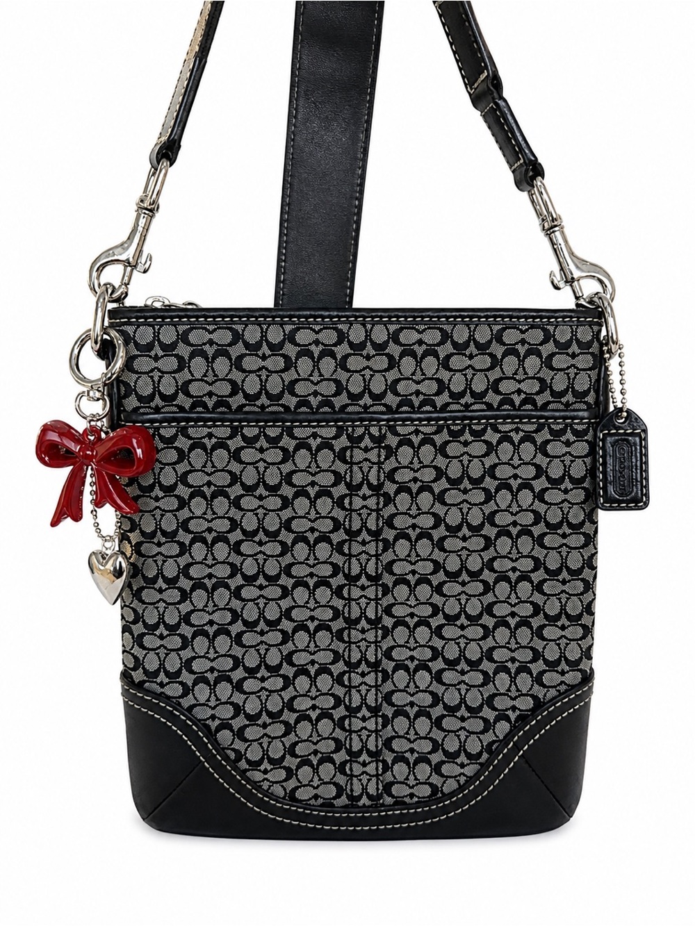 Coach Y2K Black Signature Jacquard Crossbody Bag with Red Bow Charm